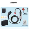 A collection of accessories for an EV charger, including a wall mount, charging cable, adapter, and carrying case. Produktbild-Vorschau