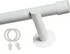 A white curtain rod with a bracket and two curtain rings with clips, shown against a white background. Produktbild-Vorschau