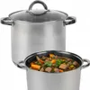 Two stainless steel pots, one with a glass lid, are shown against a white background. The front pot is filled with a stew. Produktbild-Vorschau