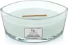 A WoodWick Sagewood & Seagrass candle in a clear glass container. Voir les images du produit