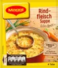 A package of Maggi Rindfleisch Suppe (beef soup) with a bowl of prepared soup and ingredients shown. Produktbild-Vorschau
