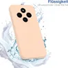 A peach-colored phone case is shown with water splashing around it, suggesting water resistance. Produktbild-Vorschau