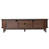 A brown TV stand with sliding doors and legs, presented against a white background. Produktbild-Vorschau