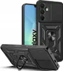 A black phone case with a ring holder and a sliding camera cover is shown from multiple angles, with a phone partially visible inside. Anteprima dell’immagine prodotto