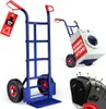 A blue hand truck with red handles, a red tag indicating 200kg capacity, and a close-up of a tire with nails. Another hand truck is shown in the background carrying a washing machine with German text. Anteprima dell’immagine prodotto