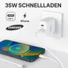 A white USB-C charger is plugged into a wall socket, with a smartphone connected via a USB-C cable, and various brand logos and text indicating fast charging capabilities. Produktbild-Vorschau