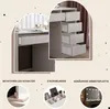 Collage of images showcasing a white vanity table with drawers, makeup organizers, and LED lighting. Voir les images du produit