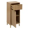 A wooden cabinet with a drawer and a door open, showing shelves inside, on a white background. Podgląd zdjęcia produktu