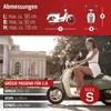 A woman is riding a scooter in front of a building, with product information displayed. Náhľad obrázku produktu