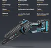 A mini chainsaw with its battery pack, displayed against a dark background with technical specifications listed above. Produktbild-Vorschau