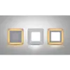 Three square LED panels are displayed against a light gray background. The panels vary in illumination, with one showing a warm yellow light, another a bright white light, and the third a neutral white light. Produktbild-Vorschau