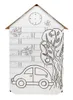 A black and white drawing of a house with a clock, bees, a tree, and a car, on a white background. Anteprima dell’immagine prodotto