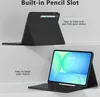 A split image showing a tablet with a keyboard case from two different angles, highlighting its pencil slot feature. Anteprima dell’immagine prodotto