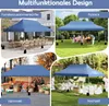 A collage of four images showing a blue pop-up canopy tent used for various events like family gatherings, picnics, markets, and weddings. Podgląd zdjęcia produktu