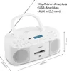 A white Medion radiorekorder with a CD player and cassette deck is shown from a front-diagonal angle, with dimensions indicated. Produktbild-Vorschau