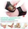 A close-up of a person's foot wearing a black heel support brace, with anatomical diagrams illustrating pain points in the heel and arch. Produktbild-Vorschau