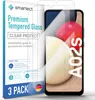 A product package for screen protectors for a Samsung Galaxy A02s/A03s phone, with the phone partially visible behind the packaging. Produktbild-Vorschau