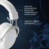Close-up of white gaming headphones with text overlays highlighting features. Anteprima dell’immagine prodotto