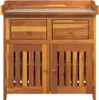 A front view of a wooden cabinet with two drawers and two slatted doors. Produktbild-Vorschau