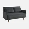 A dark gray sofa with two cushions and wooden legs, presented against a light gray background. Produktbild-Vorschau