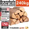 A pile of firewood with marketing text and logos. Produktbild-Vorschau