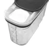 A close-up, angled view of a clear plastic food storage container with a black lid and measurement markings on the side. Produktbild-Vorschau