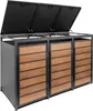 A three-door trash bin enclosure with a metal frame and wood-effect panels, shown with the lids open. Produktbild-Vorschau