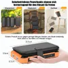 Collage of images showing a solar power bank's features and dimensions. Produktbild-Vorschau