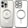 Two clear phone cases with silver trim and camera protection, showing the MagSafe ring and Apple logo, are displayed side-by-side on a white background. Produktbild-Vorschau