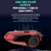 A close-up marketing image of a red motorcycle helmet communication device against a dark blue background with a sound wave graphic. Náhled obrázku produktu