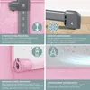 A collage of four images showcasing features of a baby crib. Produktbild-Vorschau