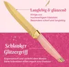 A close-up marketing image of a knife with a gold blade and a pink handle, featuring descriptive text about its features. Produktbild-Vorschau