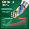 Marketing image for a fast charging USB-C cable, showing its internal structure and a charging speed graph. Produktbild-Vorschau
