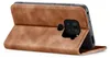 A brown flip cover phone case for a Xiaomi Redmi Note 9 is shown from the side, with the cover open. Produktbild-Vorschau