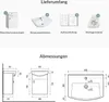 The image shows the delivery contents and dimensions of a washbasin with a vanity unit. Produktbild-Vorschau