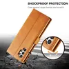 A brown leather phone case is shown with a circular inset highlighting the camera area and a graphic indicating shock protection. Produktbild-Vorschau