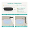 A diagram showing the dimensions and installation guidance for a black oval sink, with two examples of compatible faucets. Anteprima dell’immagine prodotto