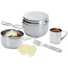 A set of camping cookware, including a pot, a bowl, a mug, and a fork, arranged on a white background. Náhled obrázku produktu