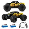 A collage of a remote-controlled car, its batteries, and a charging cable. Voir les images du produit