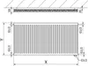 Diagram showing dimensions and connection points of a radiator. Produktbild-Vorschau