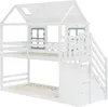 A white bunk bed shaped like a house, with a roof, windows, and stairs. Produktbild-Vorschau