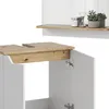 A close-up view of a white bathroom cabinet with a wooden countertop, showing the hinges of an open door. Náhled obrázku produktu