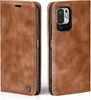A brown leather flip case for a smartphone is shown from the front and back. Produktbild-Vorschau