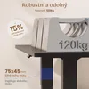 Close-up of a black adjustable desk leg with text overlays highlighting its features. Náhled obrázku produktu