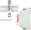 A product shot of a DIN rail mountable timer relay, with a close-up of the device and a separate image of the device mounted on a DIN rail. Voir les images du produit