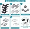 A collage of different accessories and parts for a heating system, with German text labels. Produktbild-Vorschau