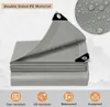 A folded grey tarp with water droplets on it, shown with icons and text describing its features. Produktbild-Vorschau