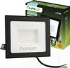 A black LED floodlight with a white faceplate is shown next to its packaging. The packaging displays product information and branding. Produktbild-Vorschau