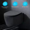 A dark gray wall-mounted toilet is shown against a dark gray wall and floor. Three blue circular icons with white line drawings and German text are displayed above the toilet. Produktbild-Vorschau