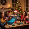 A group of friends celebrating Christmas and opening gifts around a table. Anteprima dell’immagine prodotto